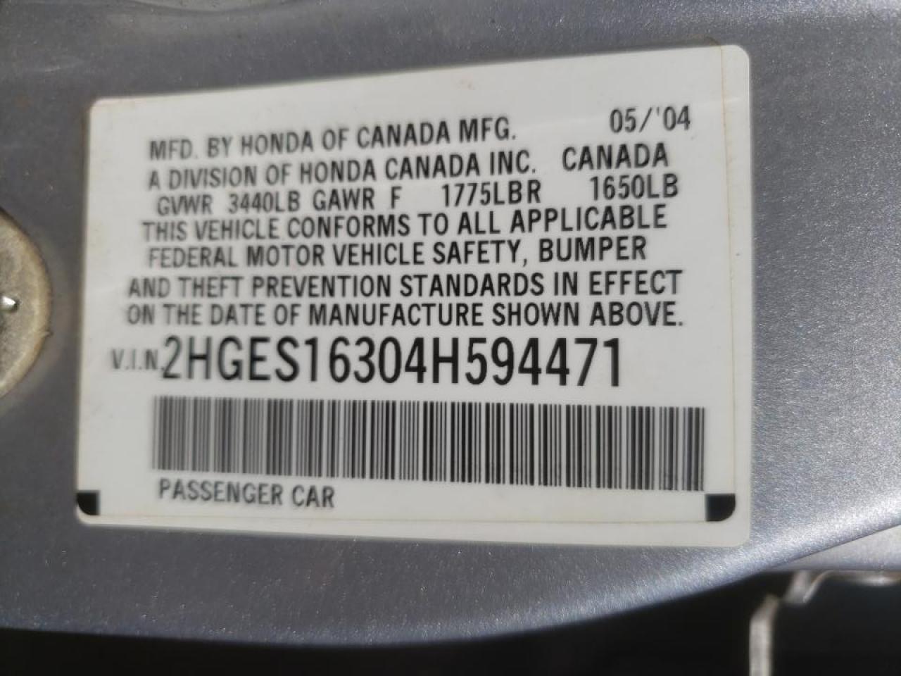 Photo 10 from auction – 2004 HONDA CIVIC with VIN 2HGES16304H594471