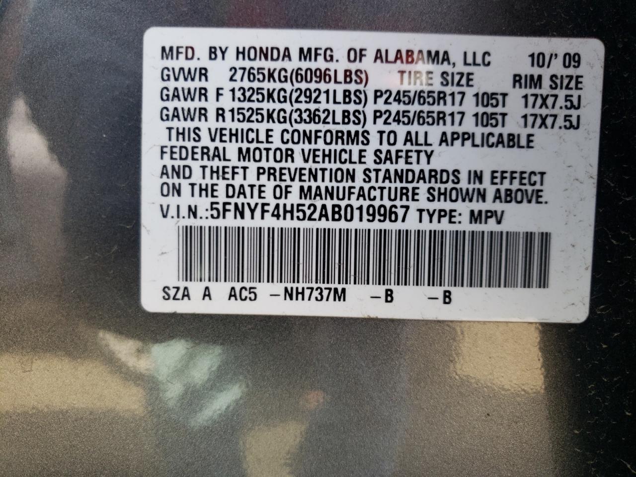Photo 10 from auction – 2010 HONDA PILOT with VIN 5FNYF4H52AB019967