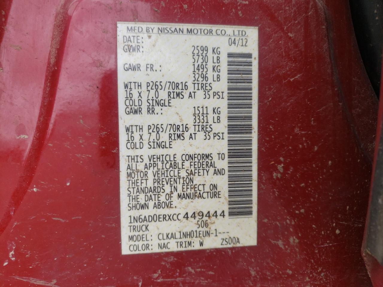 Photo 10 from auction – 2012 NISSAN FRONTIER S with VIN 1N6AD0ERXCC449444