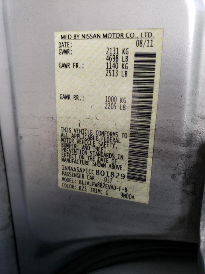 Photo 10 from auction – 2012 NISSAN MAXIMA S with VIN 1N4AA5AP1CC801829