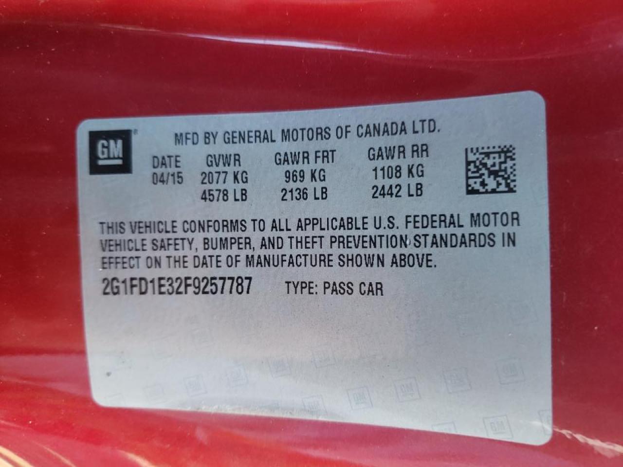 Photo 10 from auction – 2015 CHEVROLET CAMARO LT with VIN 2G1FD1E32F9257787