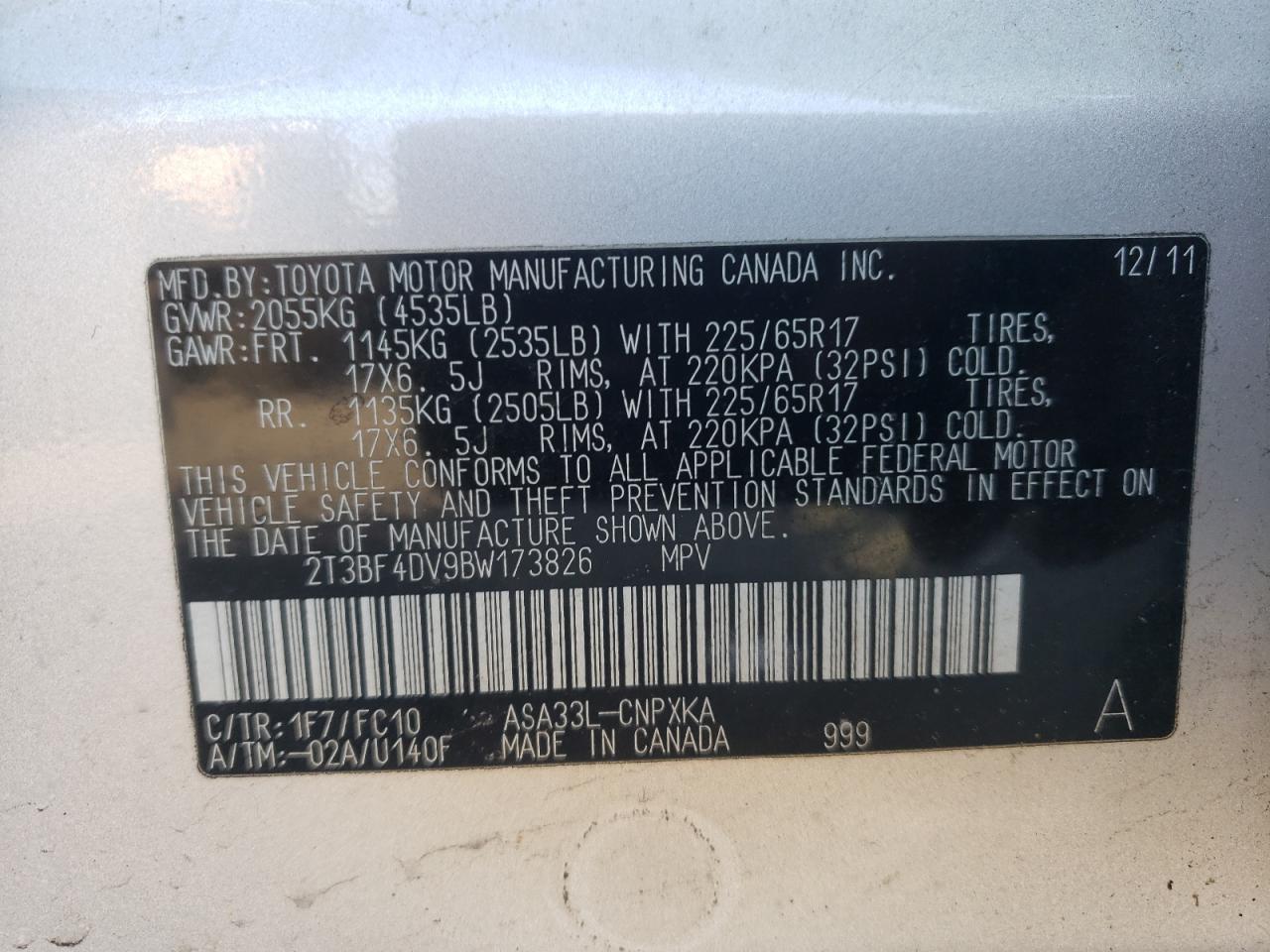 Photo 10 from auction – 2011 TOYOTA RAV4 with VIN 2T3BF4DV9BW173826