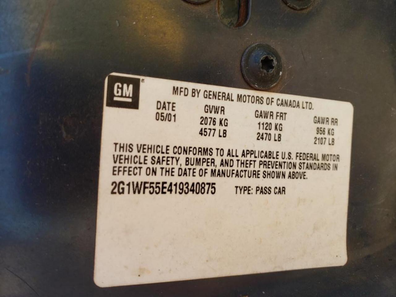 Photo 10 from auction – 2001 CHEVROLET IMPALA with VIN 2G1WF55E419340875