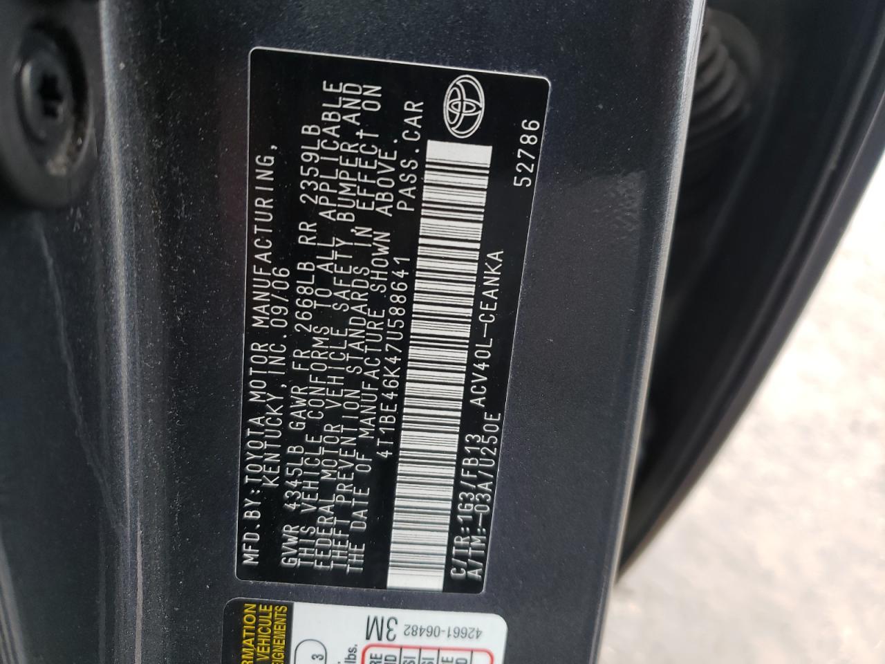 Photo 10 from auction – 2007 TOYOTA CAMRY CE with VIN 4T1BE46K47U588641