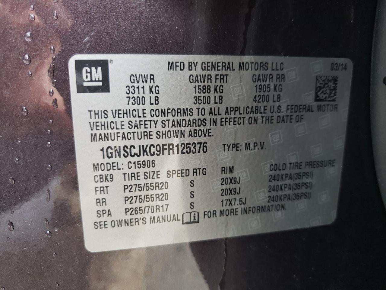 Photo 10 from auction – 2015 CHEVROLET SUBURBAN C with VIN 1GNSCJKC9FR125376