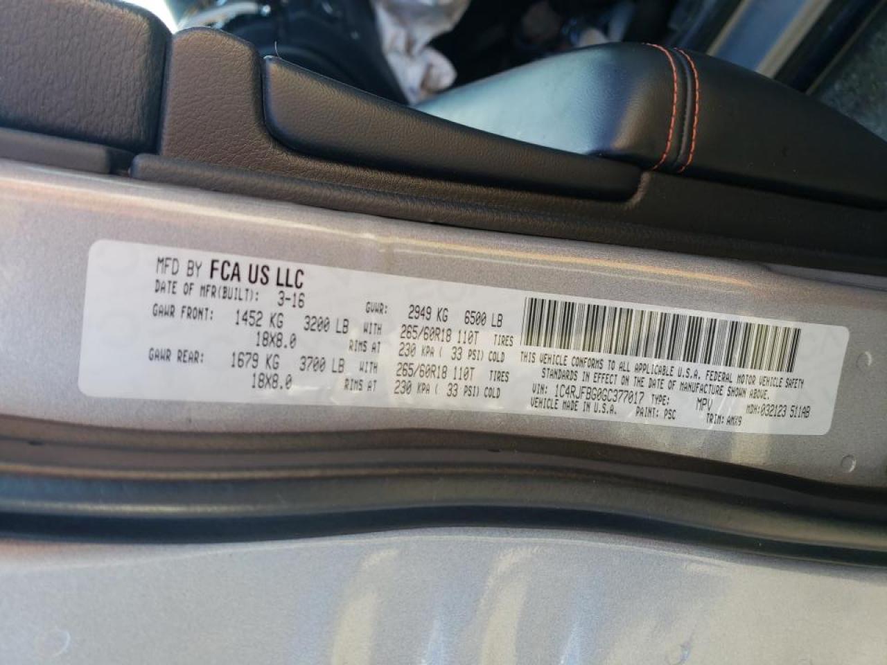 Photo 10 from auction – 2016 JEEP GRAND CHER with VIN 1C4RJFBG0GC377017
