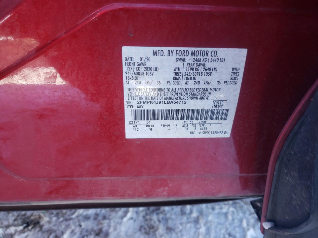 Photo 10 from auction – 2020 FORD EDGE SEL with VIN 2FMPK4J91LBA54712