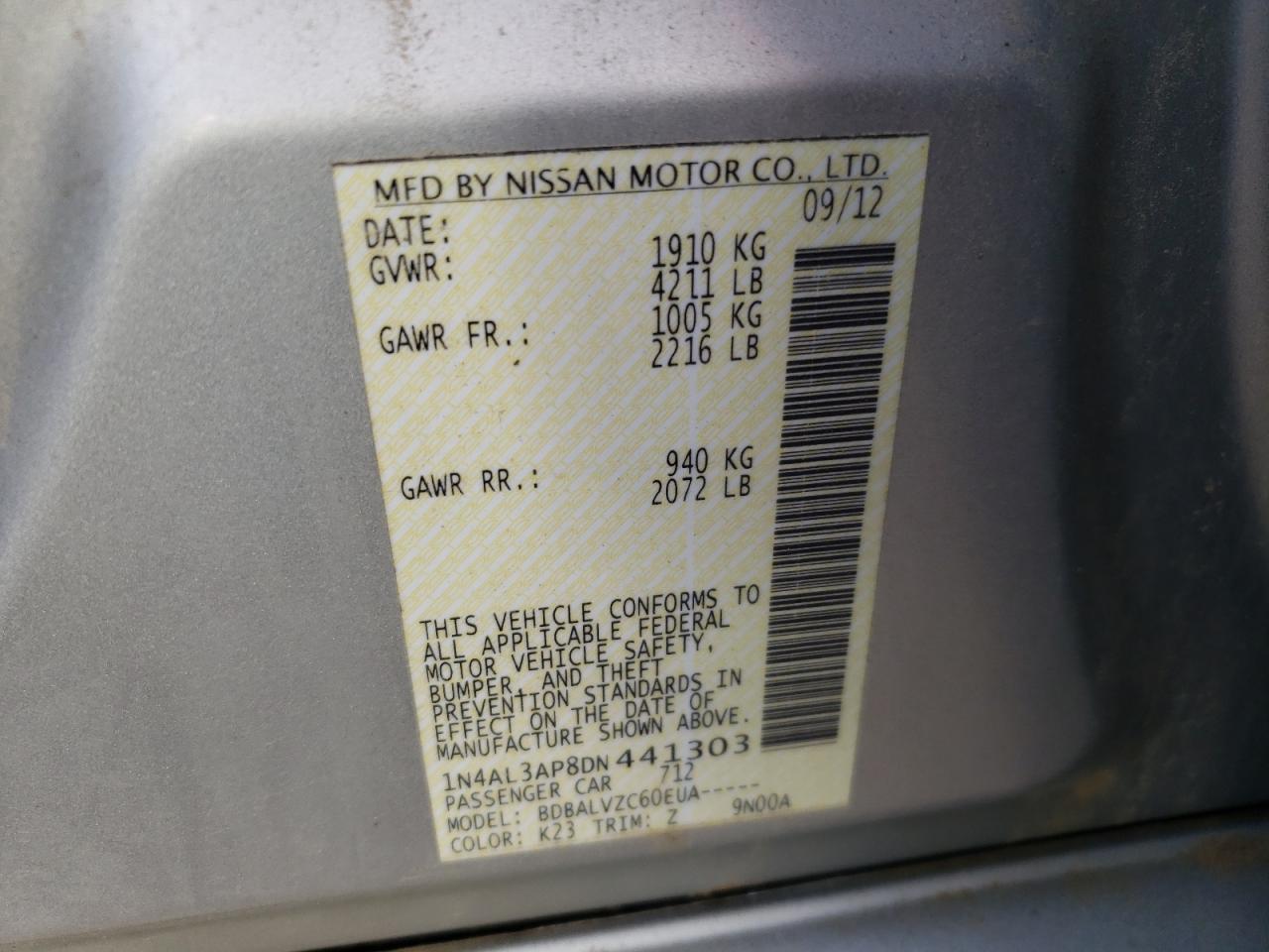 Photo 10 from auction – 2013 NISSAN ALTIMA 2.5 with VIN 1N4AL3AP8DN441303