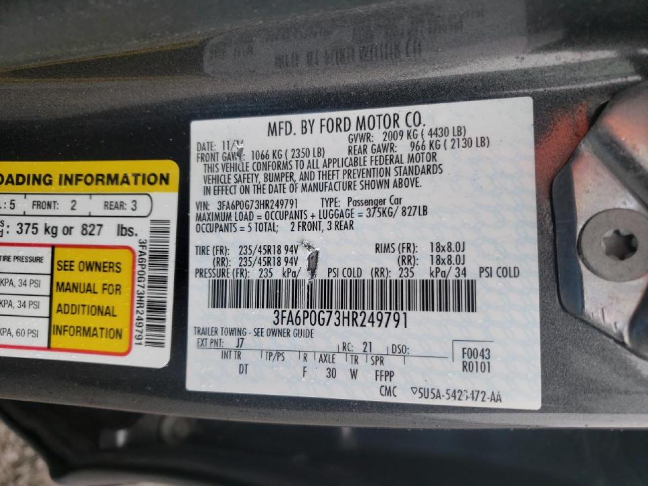 Photo 10 from auction – 2017 FORD FUSION with VIN 3FA6P0G73HR249791