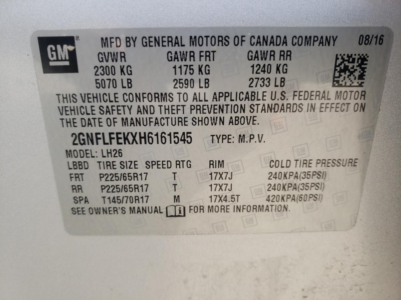 Photo 10 from auction – 2017 CHEVROLET EQUINOX LT with VIN 2GNFLFEKXH6161545