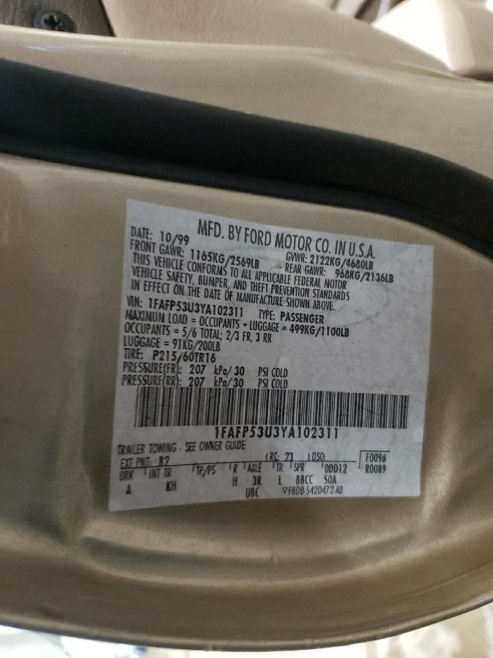 Zdjęcie 10 z aukcji – 2000 FORD TAURUS SE z VIN 1FAFP53U3YA102311