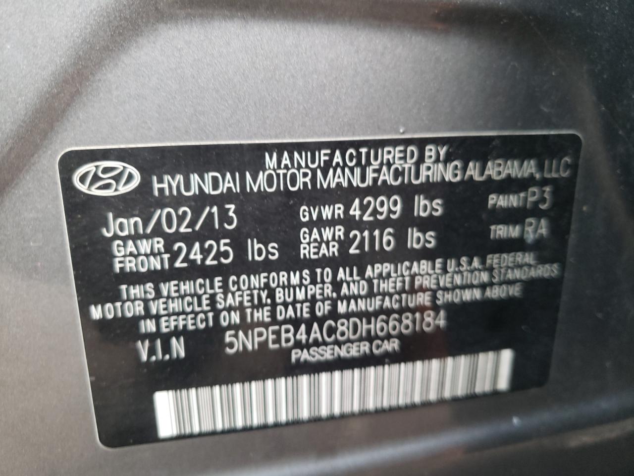 Photo 10 from auction – 2013 HYUNDAI SONATA GLS with VIN 5NPEB4AC8DH668184