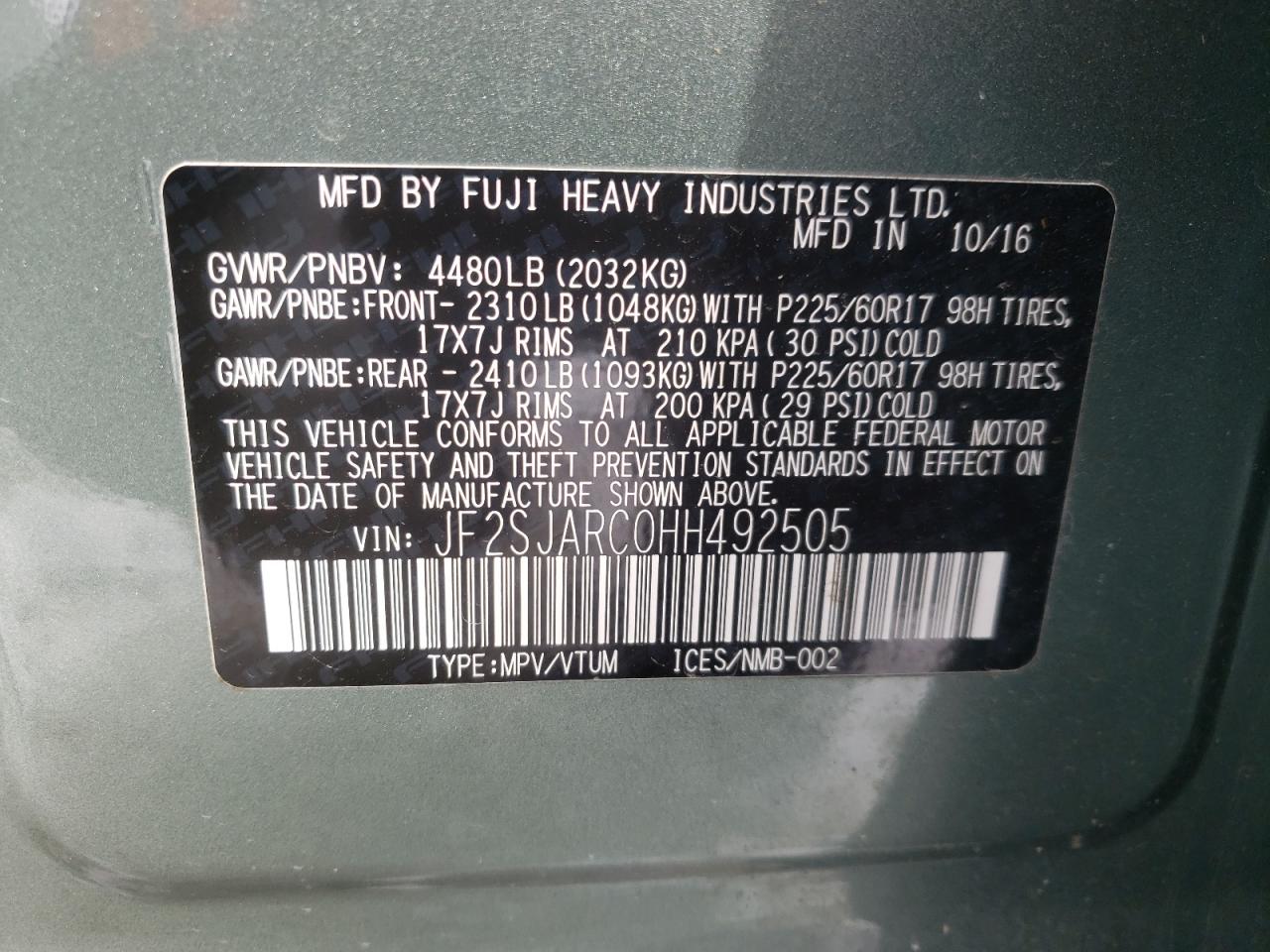 Photo 10 from auction – 2017 SUBARU FORESTER P with VIN JF2SJARC0HH492505