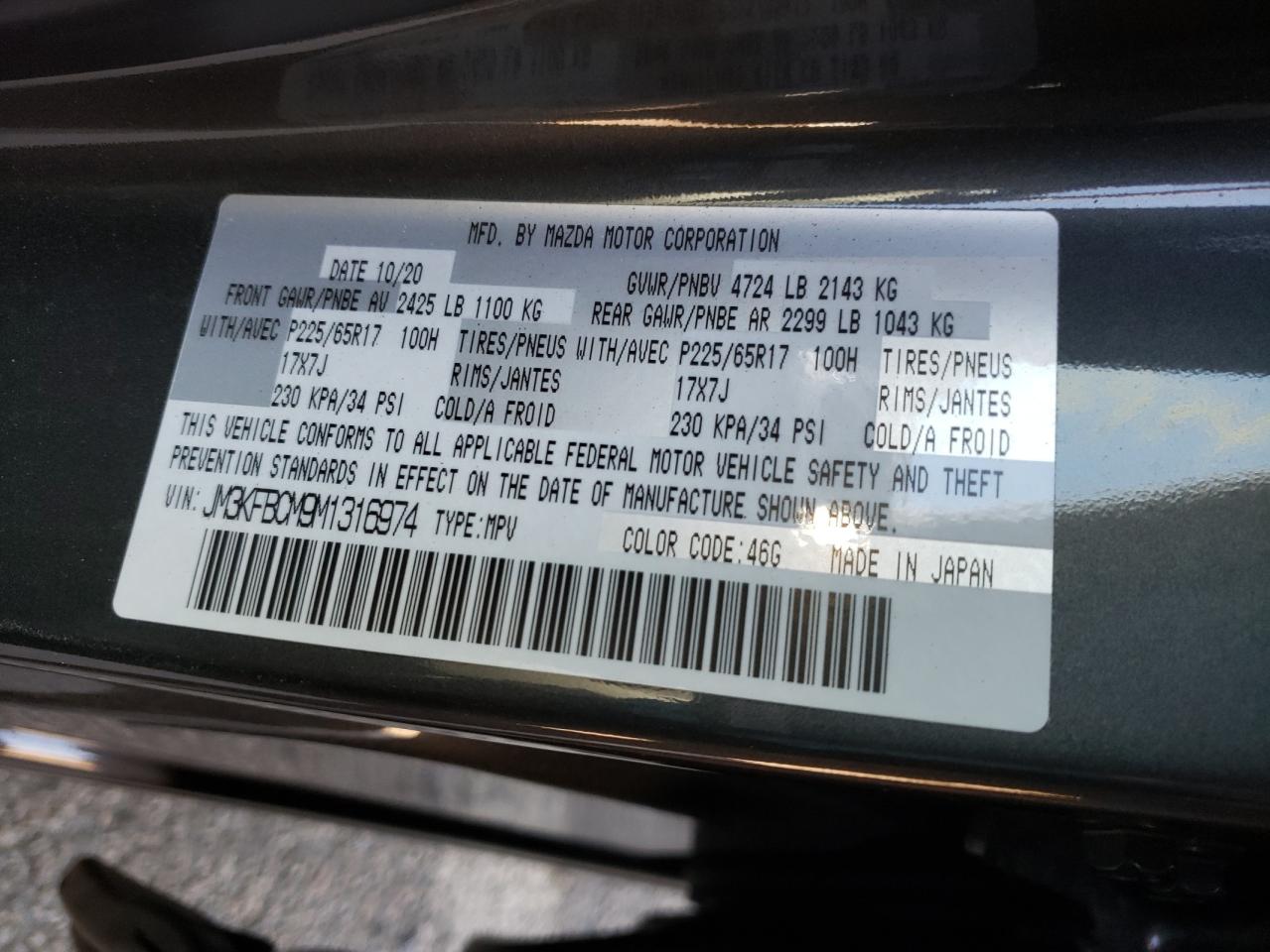 Photo 10 from auction – 2021 MAZDA CX-5 TOURI with VIN JM3KFBCM9M1316974