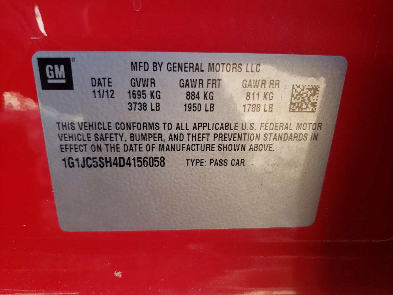 Photo 10 from auction – 2013 CHEVROLET SONIC LT with VIN 1G1JC5SH4D4156058
