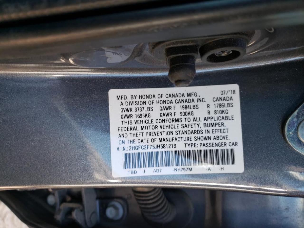 Photo 10 from auction – 2018 HONDA CIVIC EX with VIN 2HGFC2F75JH581219