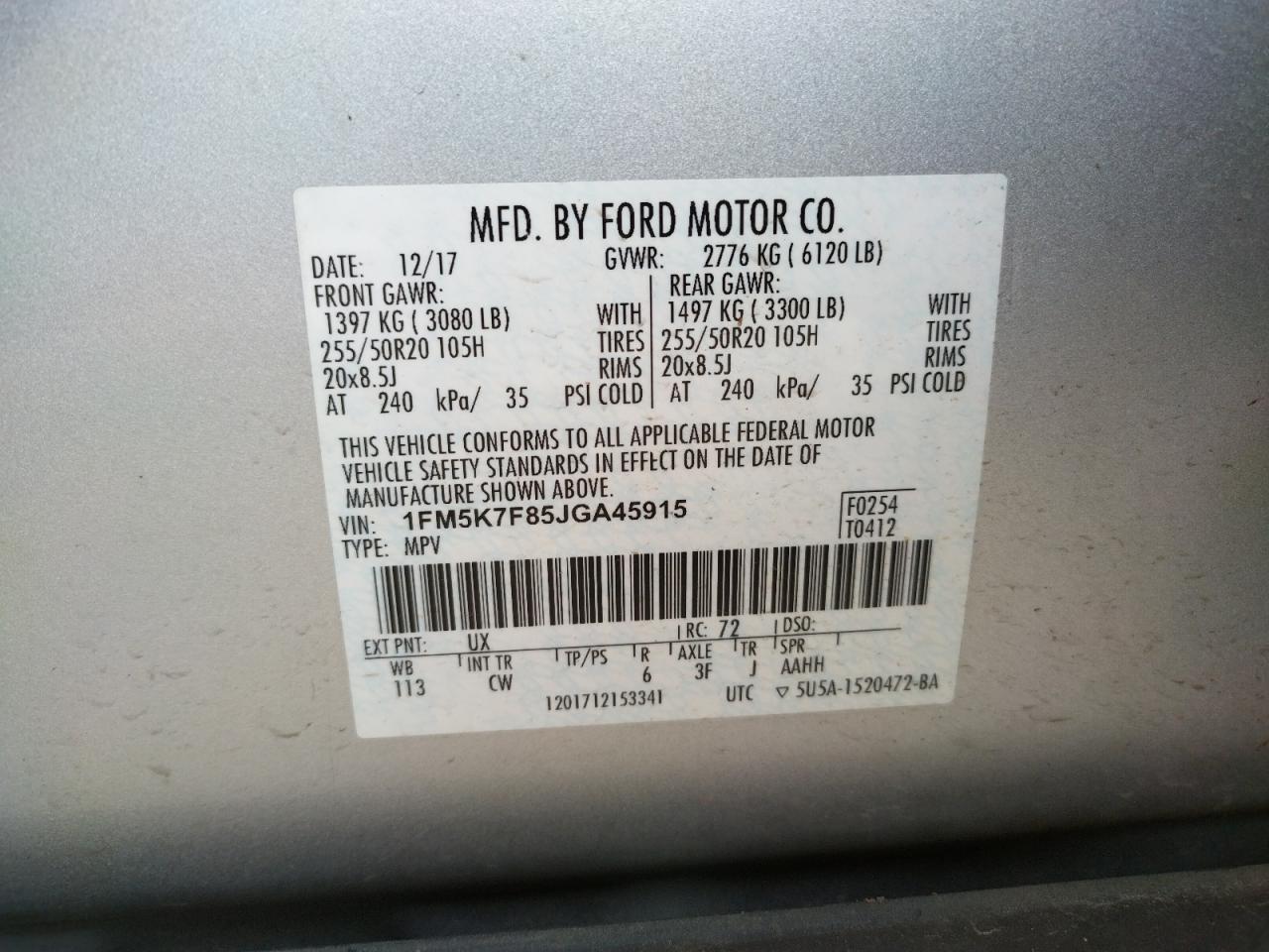 Photo 10 from auction – 2018 FORD EXPLORER L with VIN 1FM5K7F85JGA45915