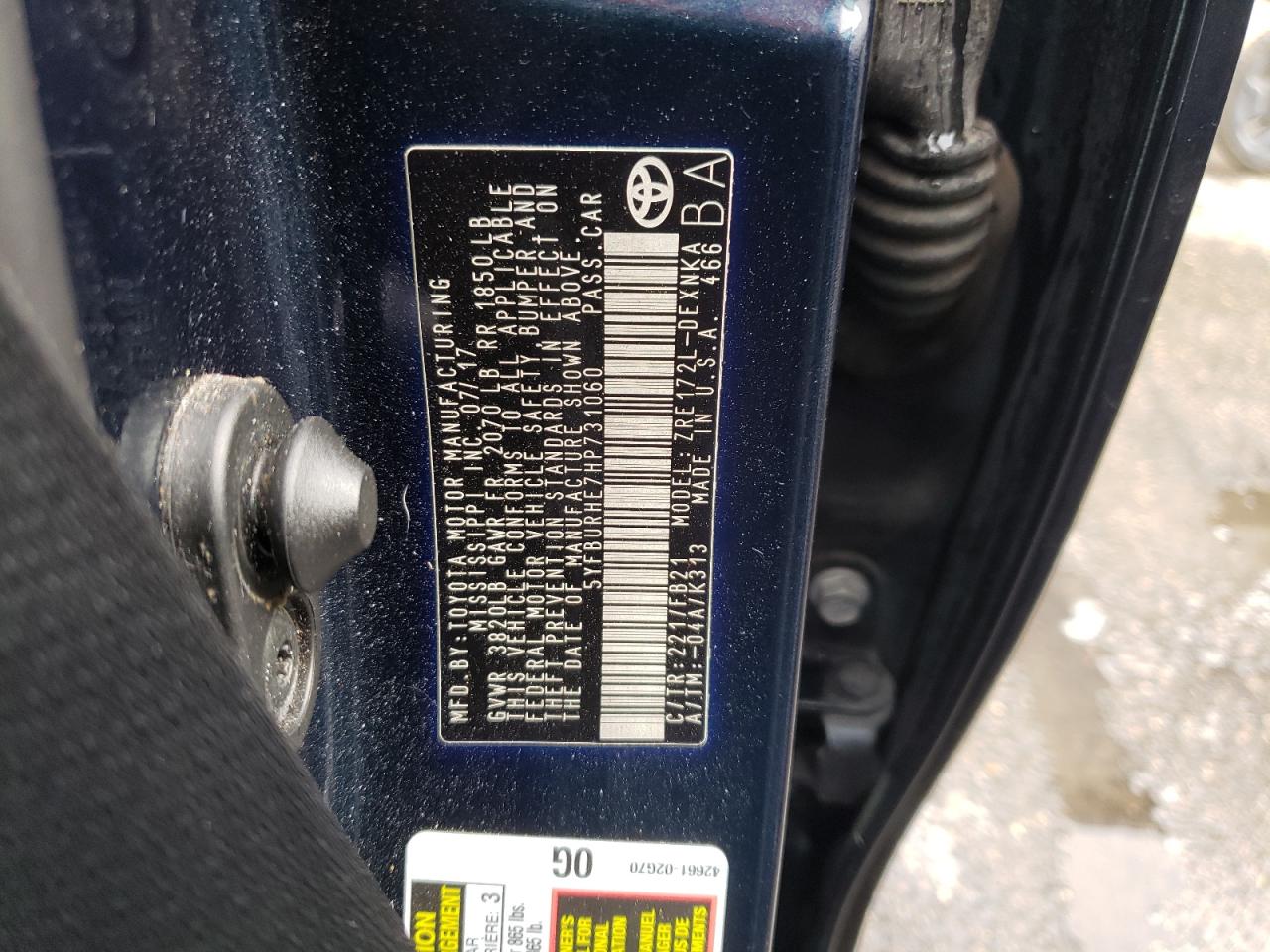 Photo 10 from auction – 2017 TOYOTA COROLLA L with VIN 5YFBURHE7HP731060