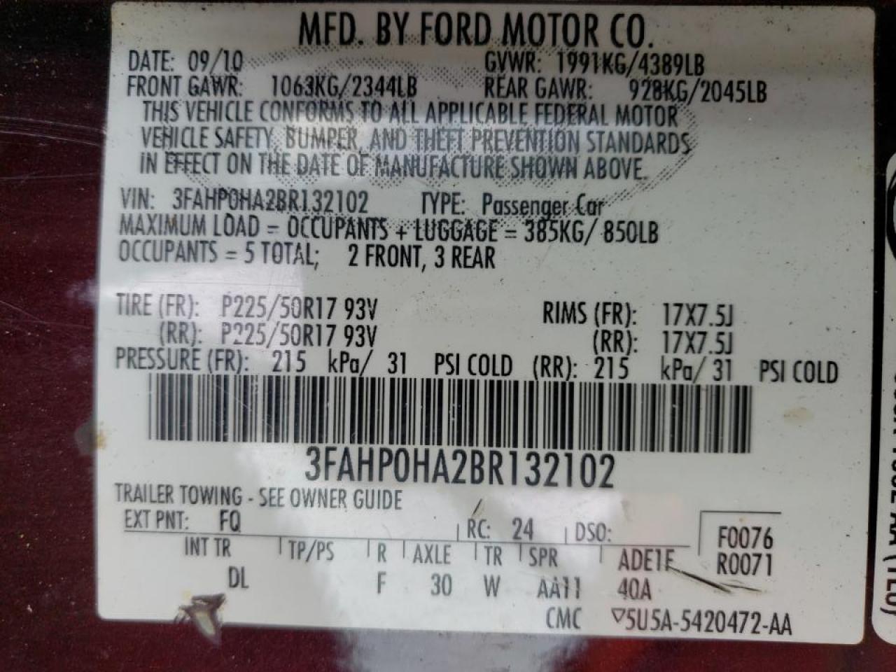 Photo 10 from auction – 2011 FORD FUSION SE with VIN 3FAHP0HA2BR132102