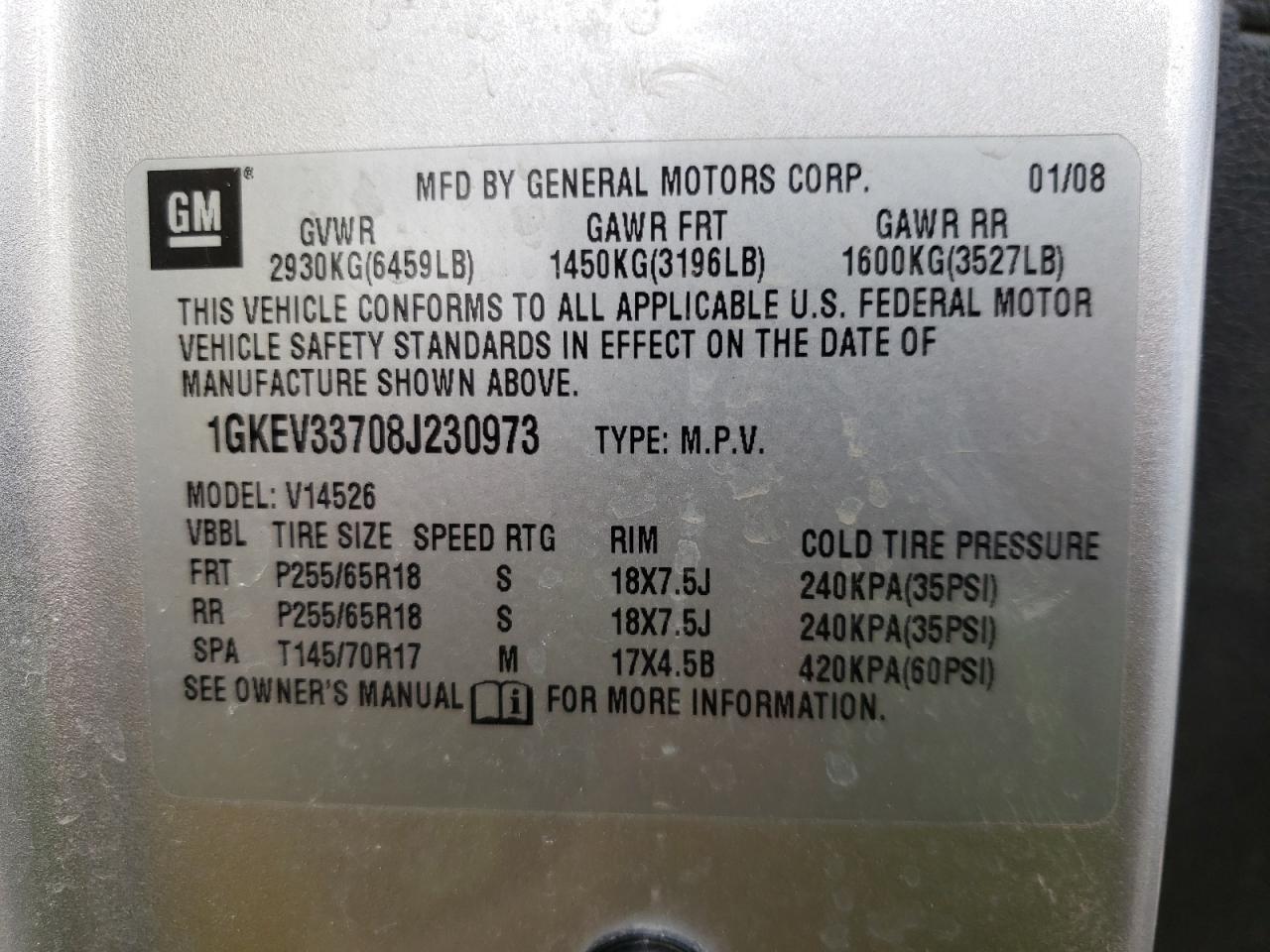 Photo 10 from auction – 2008 GMC ACADIA SLT with VIN 1GKEV33708J230973