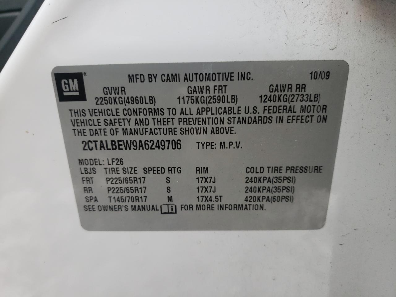 Photo 10 from auction – 2010 GMC TERRAIN SL with VIN 2CTALBEW9A6249706