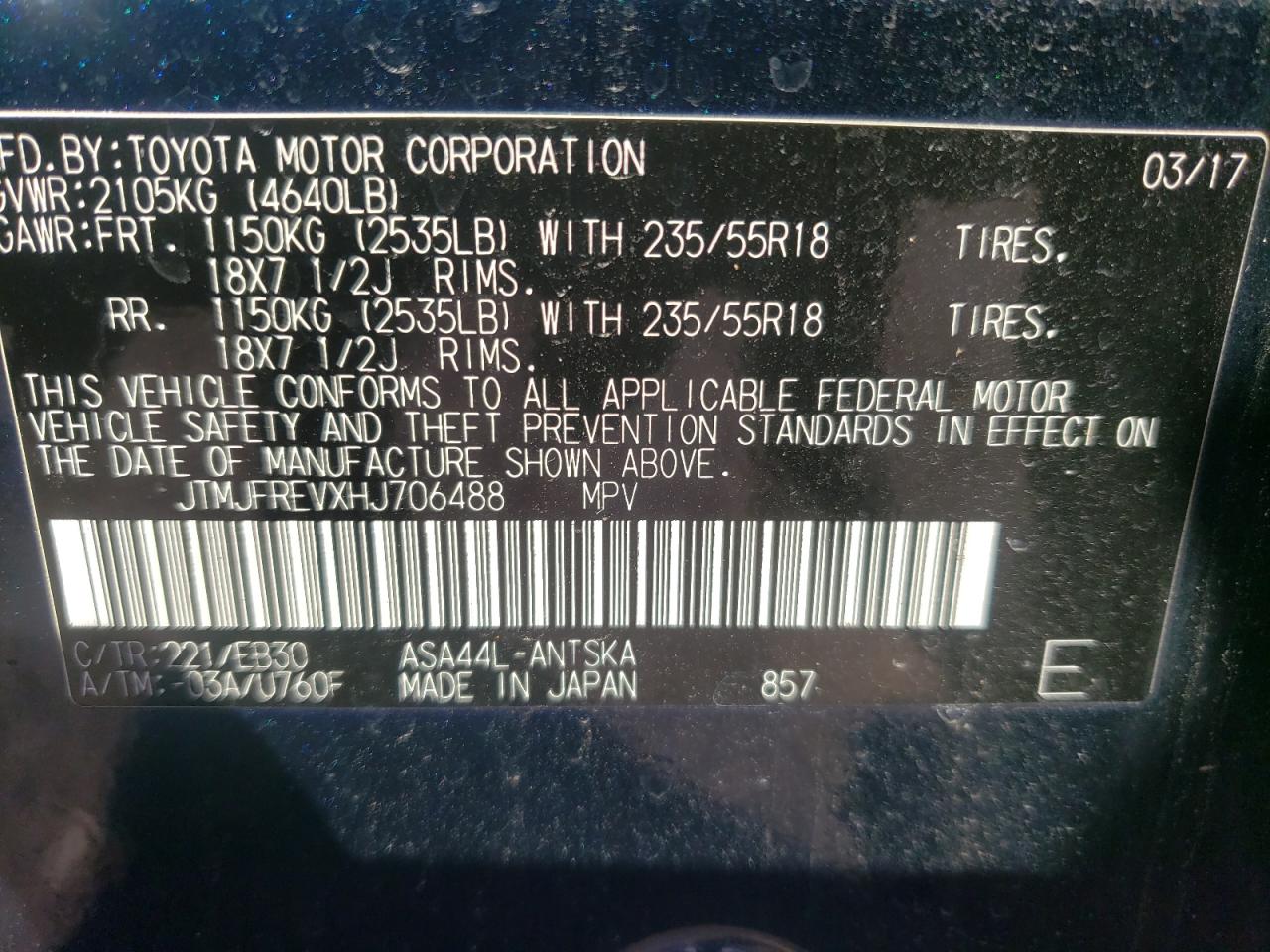 Photo 10 from auction – 2017 TOYOTA RAV4 with VIN JTMJFREVXHJ706488