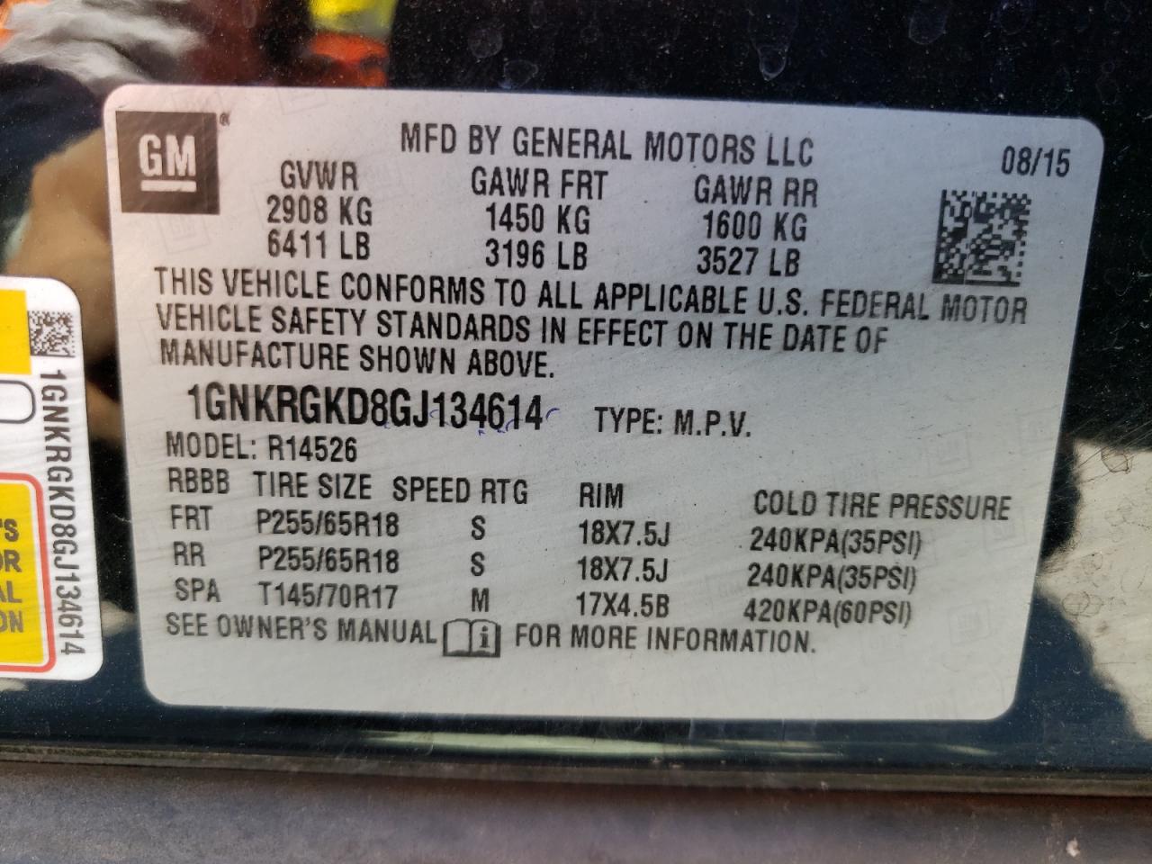 Photo 10 from auction – 2016 CHEVROLET TRAVERSE L with VIN 1GNKRGKD8GJ134614
