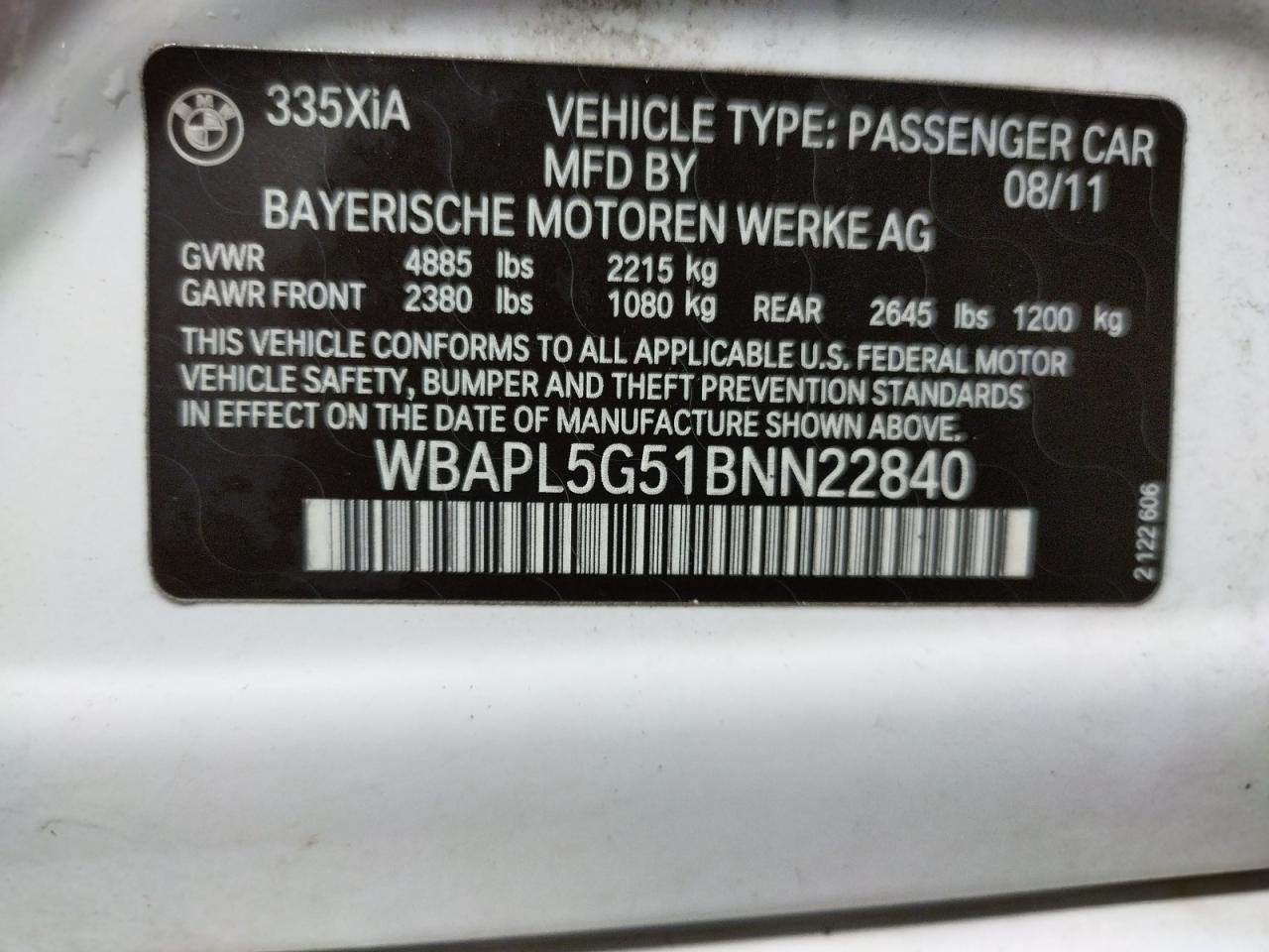 Photo 10 from auction – 2011 BMW 335 XI with VIN WBAPL5G51BNN22840