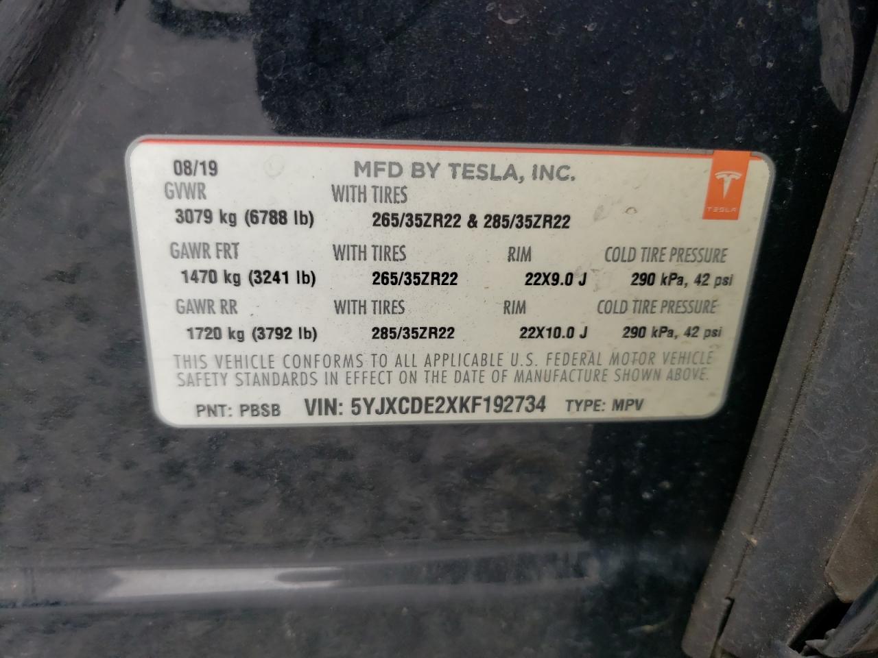 Photo 10 from auction – 2019 TESLA MODEL X with VIN 5YJXCDE2XKF192734