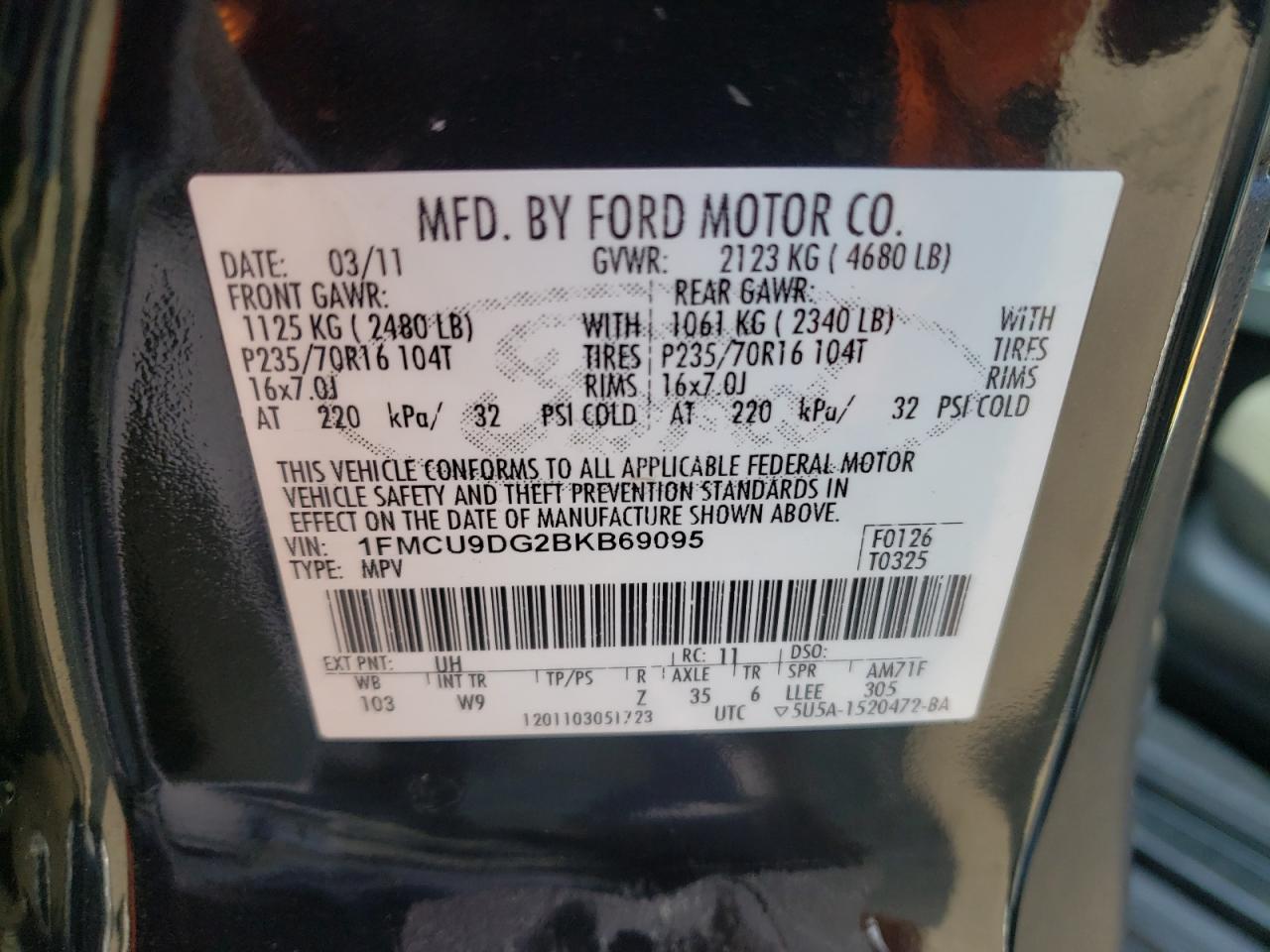 Photo 10 from auction – 2011 FORD ESCAPE XLT with VIN 1FMCU9DG2BKB69095