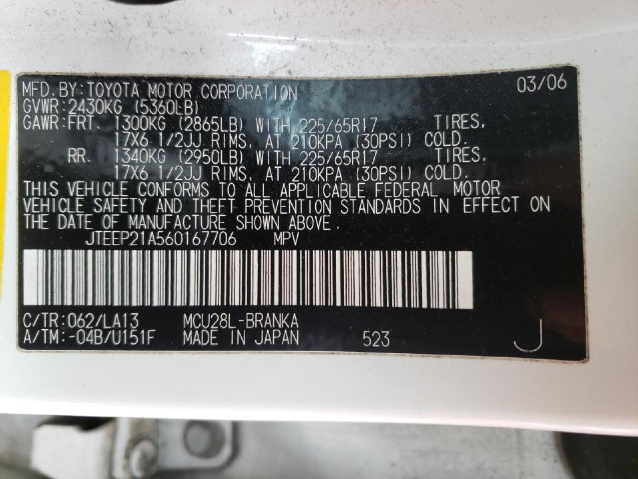 Foto 10 de la subasta – 2006 TOYOTA HIGHLANDER con VIN JTEEP21A560167706