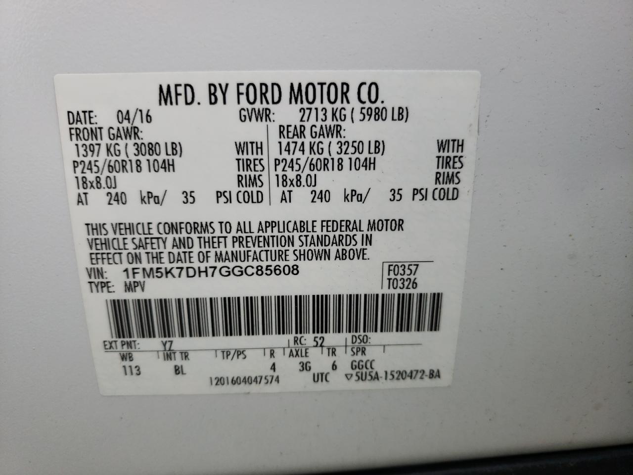 Photo 10 from auction – 2016 FORD EXPLORER X with VIN 1FM5K7DH7GGC85608