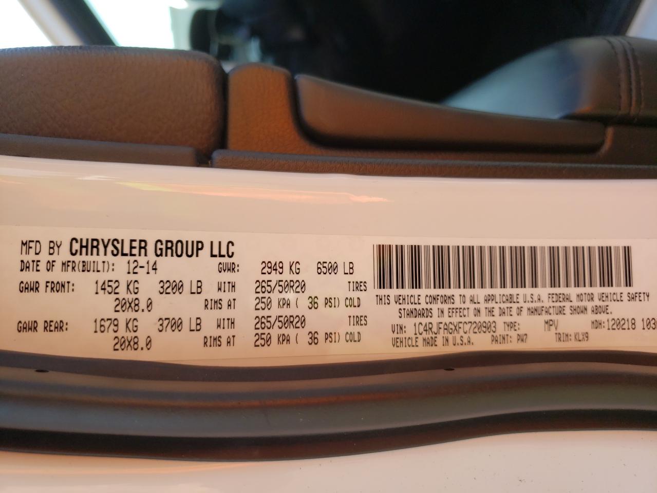 Photo 10 from auction – 2015 JEEP GRAND CHER with VIN 1C4RJFAGXFC720903