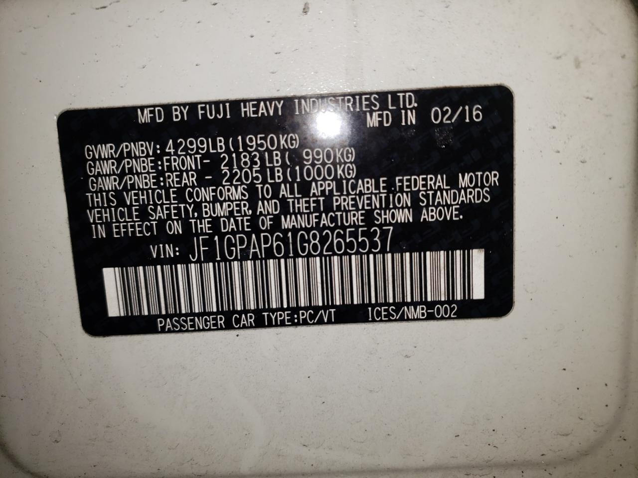 Photo 10 from auction – 2016 SUBARU IMPREZA SP with VIN JF1GPAP61G8265537