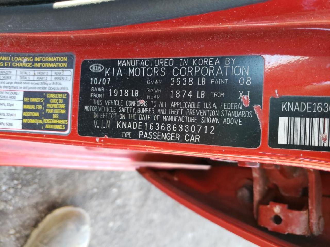 Photo 10 from auction – 2008 KIA RIO 5 SX with VIN KNADE163686330712