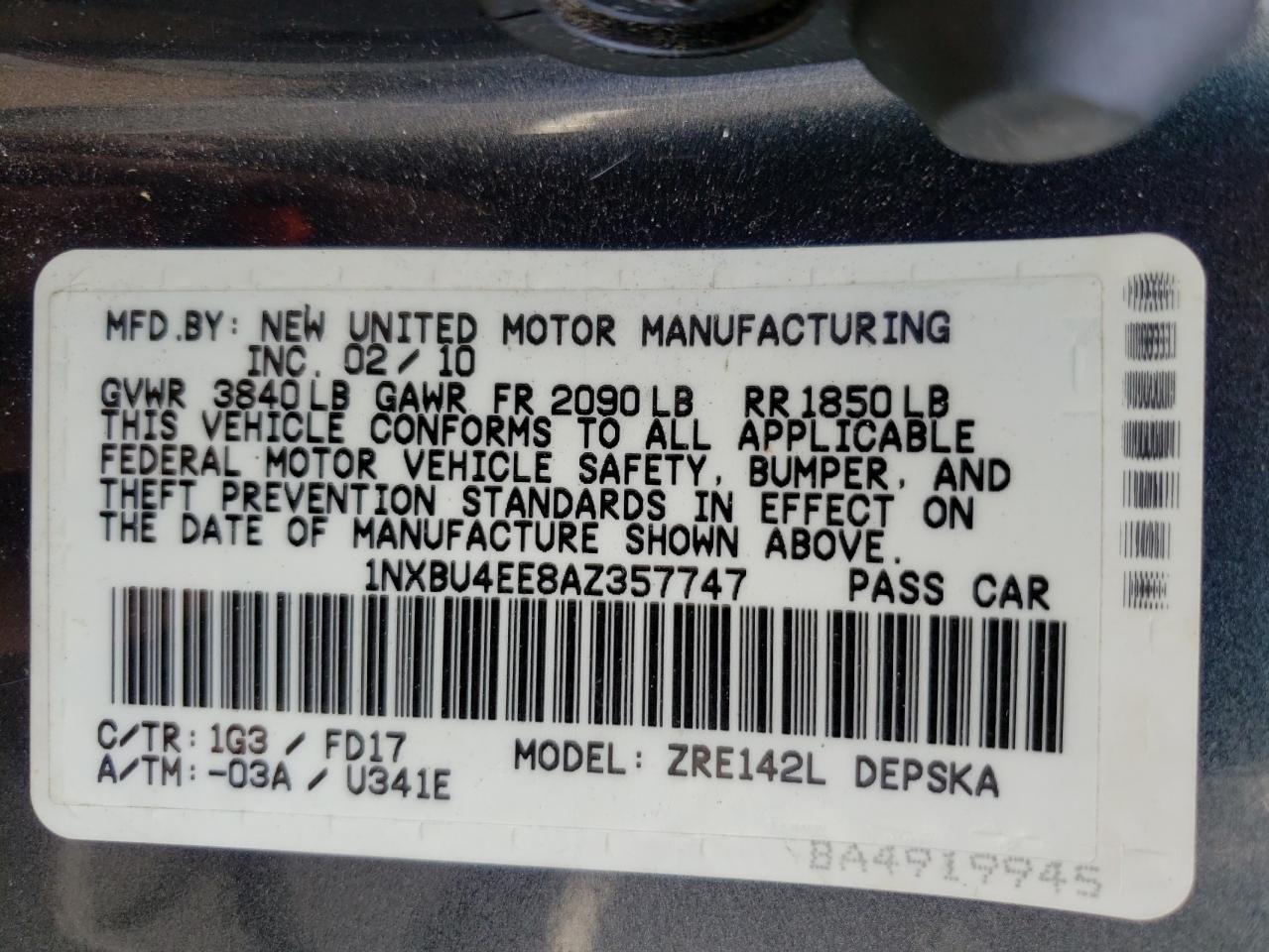 Photo 10 from auction – 2010 TOYOTA COROLLA BA with VIN 1NXBU4EE8AZ357747