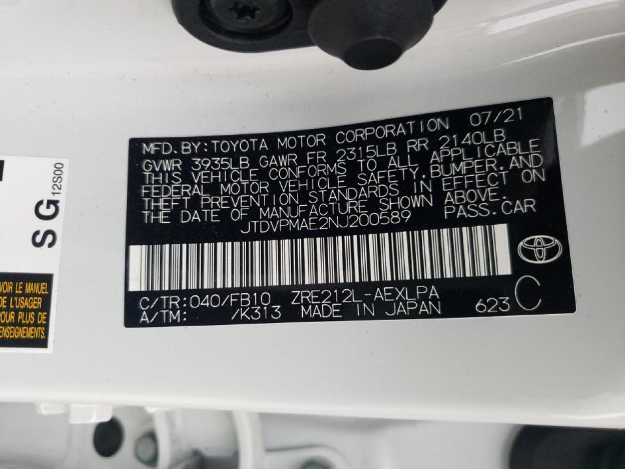 Photo 10 from auction – 2022 TOYOTA COROLLA LE with VIN JTDVPMAE2NJ200589