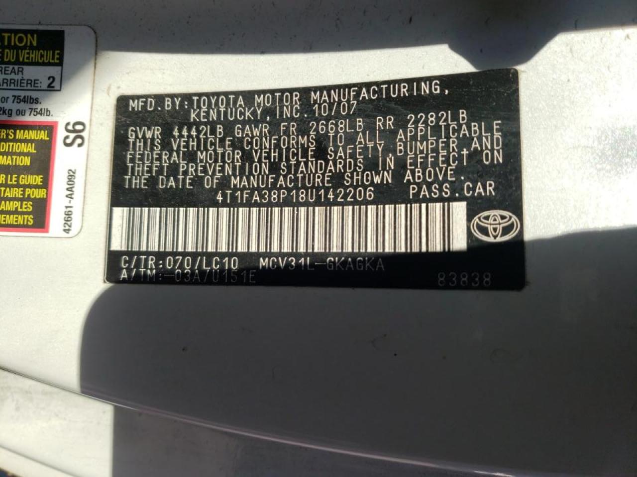 Photo 10 from auction – 2008 TOYOTA CAMARY with VIN 4T1FA38P18U142206