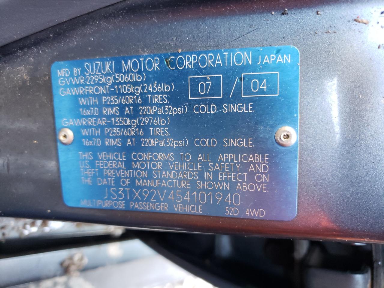 Photo 10 from auction – 2005 SUZUKI XL7 EX with VIN JS3TX92V454101940
