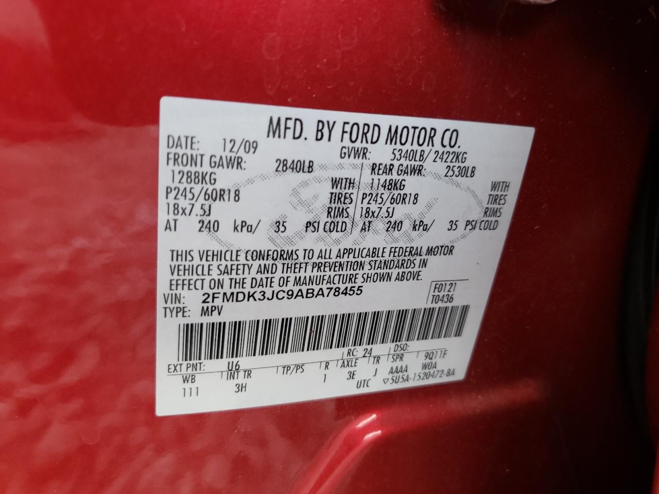 Photo 10 from auction – 2010 FORD EDGE SEL with VIN 2FMDK3JC9ABA78455