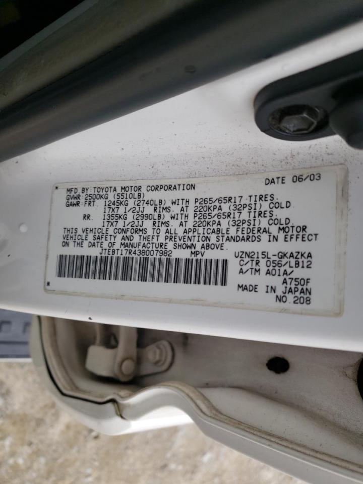 Photo 10 from auction – 2003 TOYOTA 4RUNNER LI with VIN JTEBT17R438007982