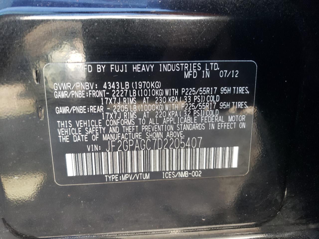 Photo 10 from auction – 2013 SUBARU XV CROSSTR with VIN JF2GPAGC7D2205407