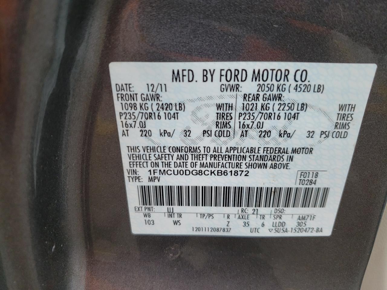 Photo 10 from auction – 2012 FORD ESCAPE with VIN 1FMCU0DG8CKB61872