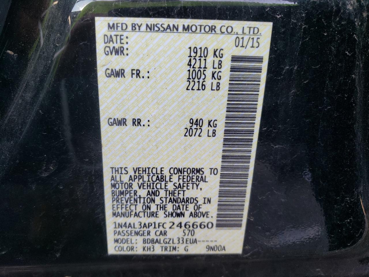 Photo 10 from auction – 2015 NISSAN ALTIMA 2.5 with VIN 1N4AL3AP1FC246660