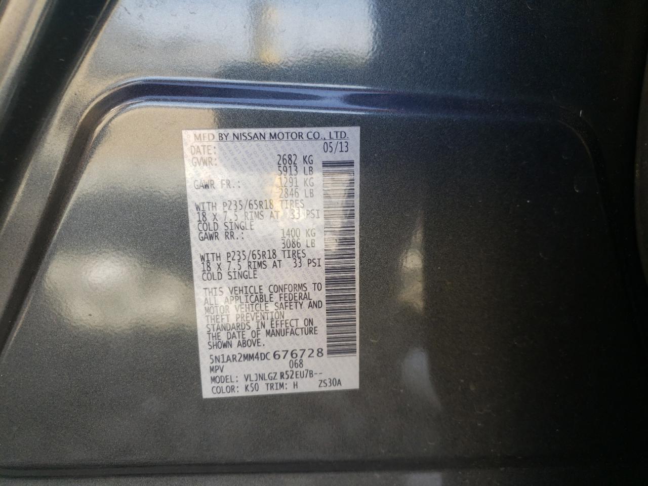 Photo 10 from auction – 2013 NISSAN PATHFINDER with VIN 5N1AR2MM4DC676728