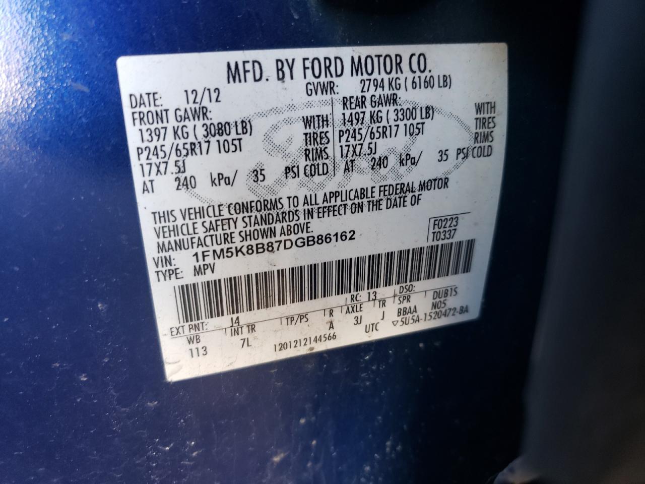 Photo 10 from auction – 2013 FORD EXPLORER with VIN 1FM5K8B87DGB86162