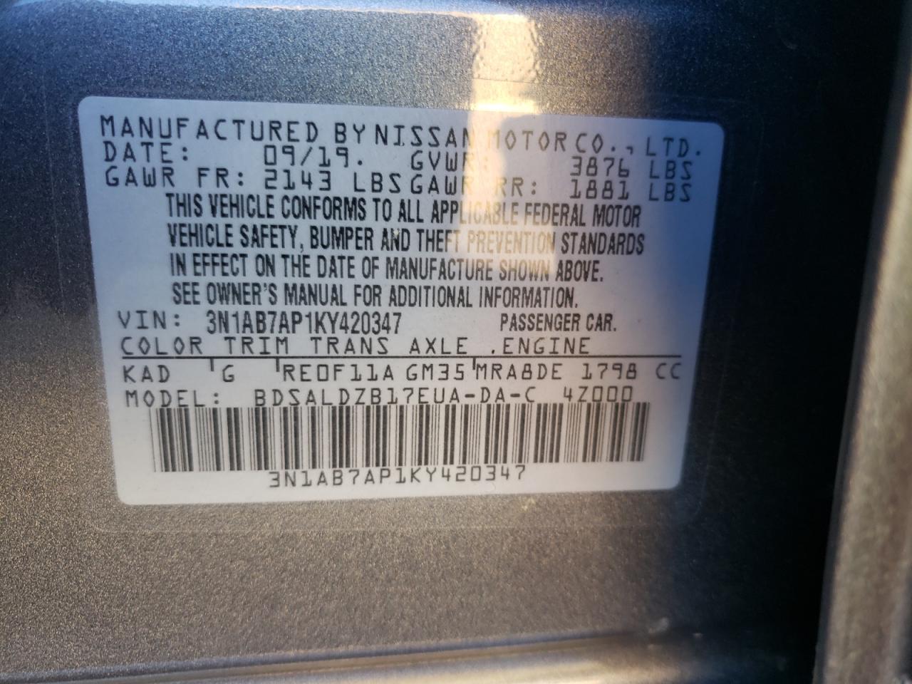 Photo 10 from auction – 2019 NISSAN SENTRA S with VIN 3N1AB7AP1KY420347