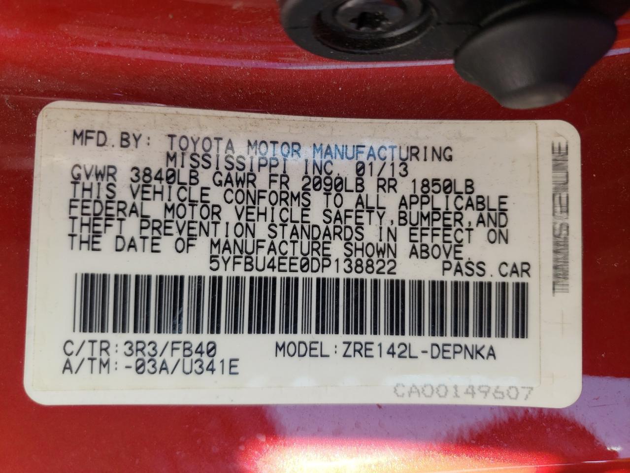Photo 10 from auction – 2013 TOYOTA COROLLA BA with VIN 5YFBU4EE0DP138822