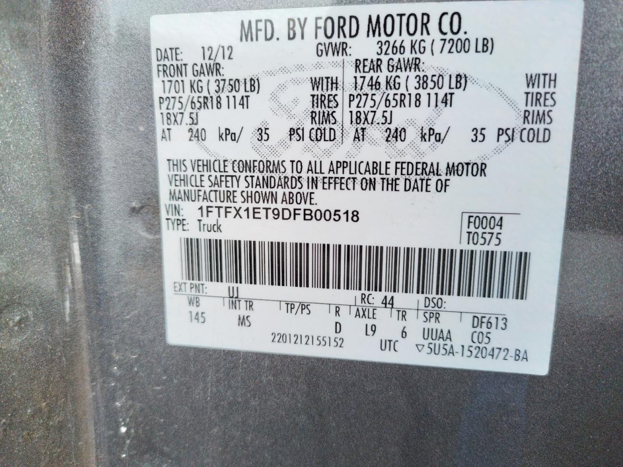 Photo 10 from auction – 2013 FORD F150 SUPER with VIN 1FTFX1ET9DFB00518