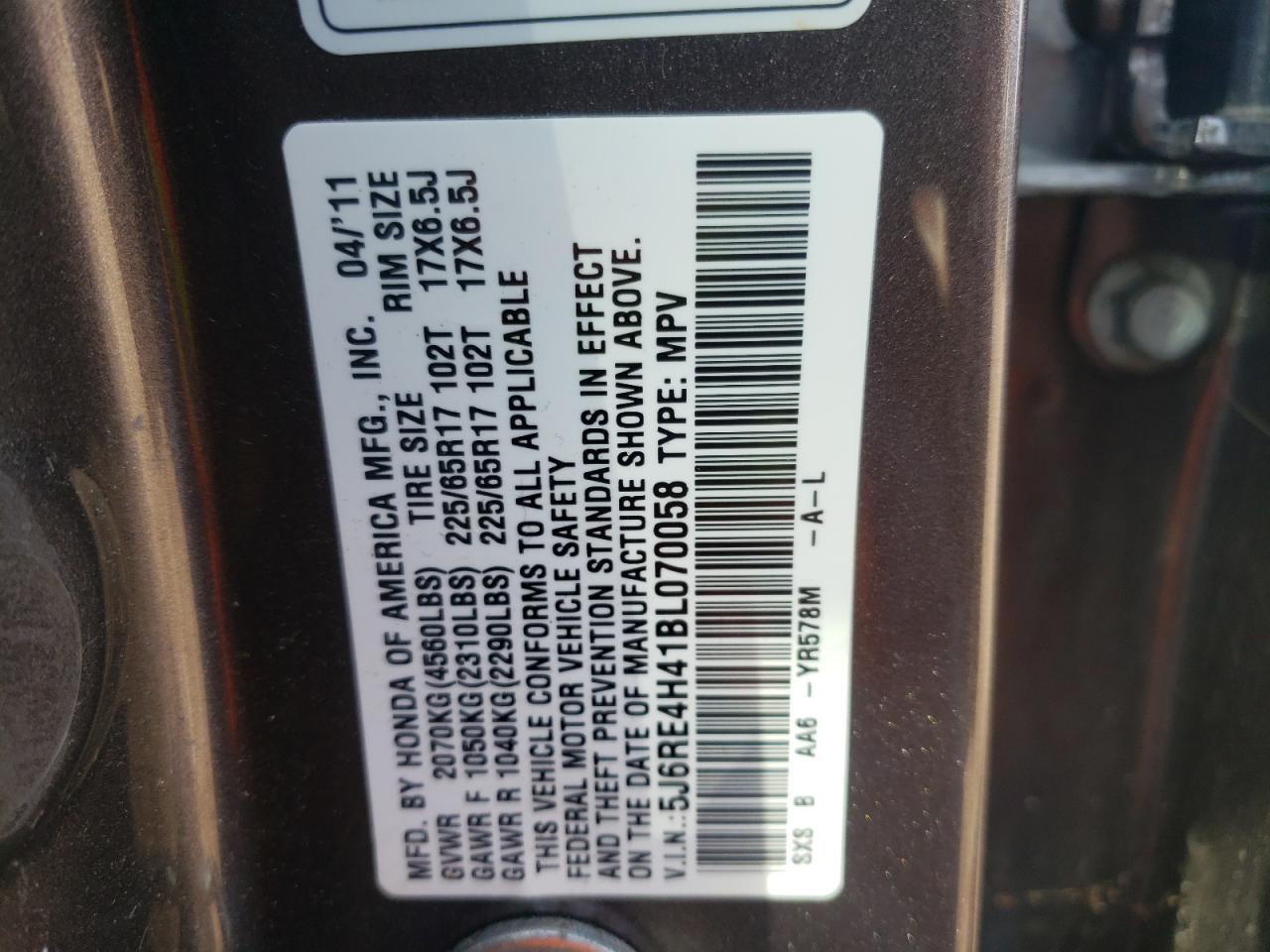 Photo 10 from auction – 2011 HONDA CR-V SE with VIN 5J6RE4H41BL070058